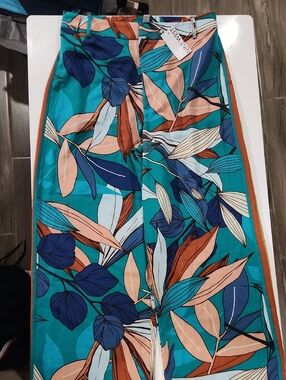 Nine West Teal Swim Sarong Pants with Navy and Peach Botanical Print